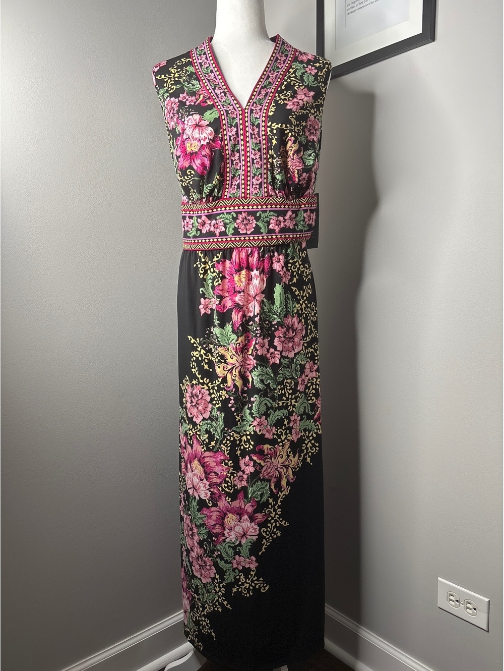 London Times Floral Maxi Dress Size 14W Black Pink Green